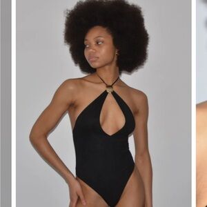 Black Halter One-Piece Cotton Bodysuit with Keyhole